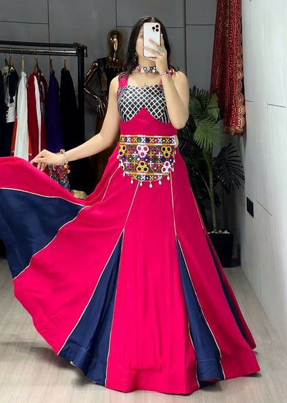 Yash Enterprise Gajari Navy Blue Rayon Cotton Embroidery Semi Stitched Navratri Top Chaniya Choli