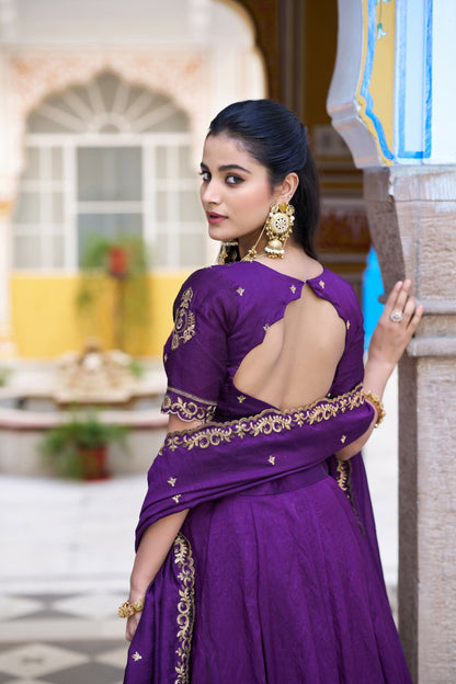 Lorenvalley Fashion Purple NC Silk Plain Lehenga Embroidery Work Choli with Dupatta