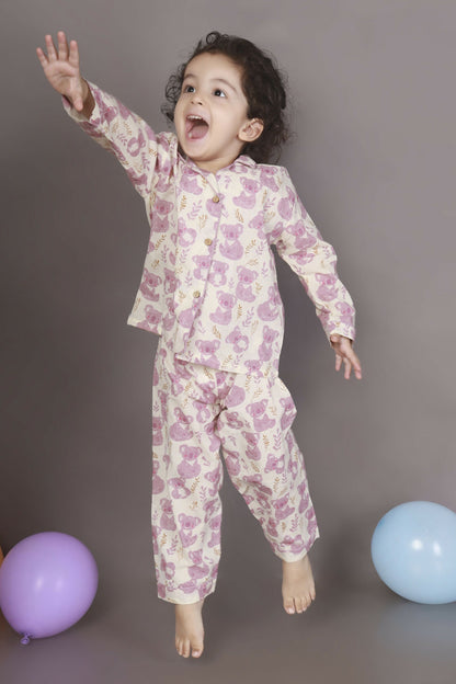Breathables Kids Cotton Night Suit  White & Pink Teddy Shirt & Pyjama Co-Ord Set For Boys & Girls
