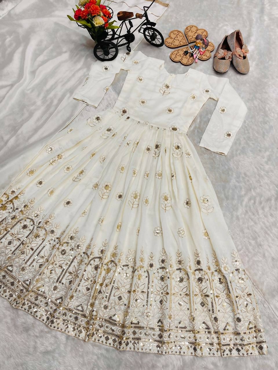 Teeya Creation New Kids Wedding Wear Heavy Embroidery Sequence Work Kurta Gown Set-White