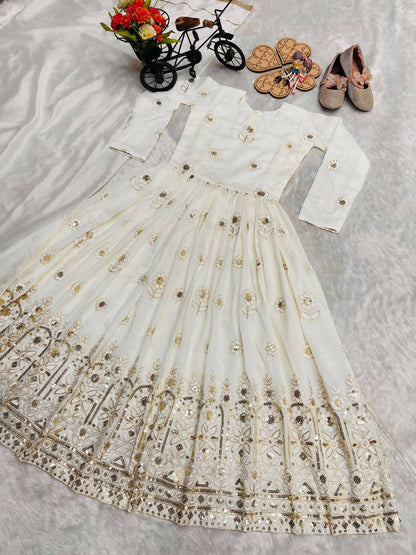 Teeya Creation New Kids Wedding Wear Heavy Embroidery Sequence Work Kurta Gown Set-White