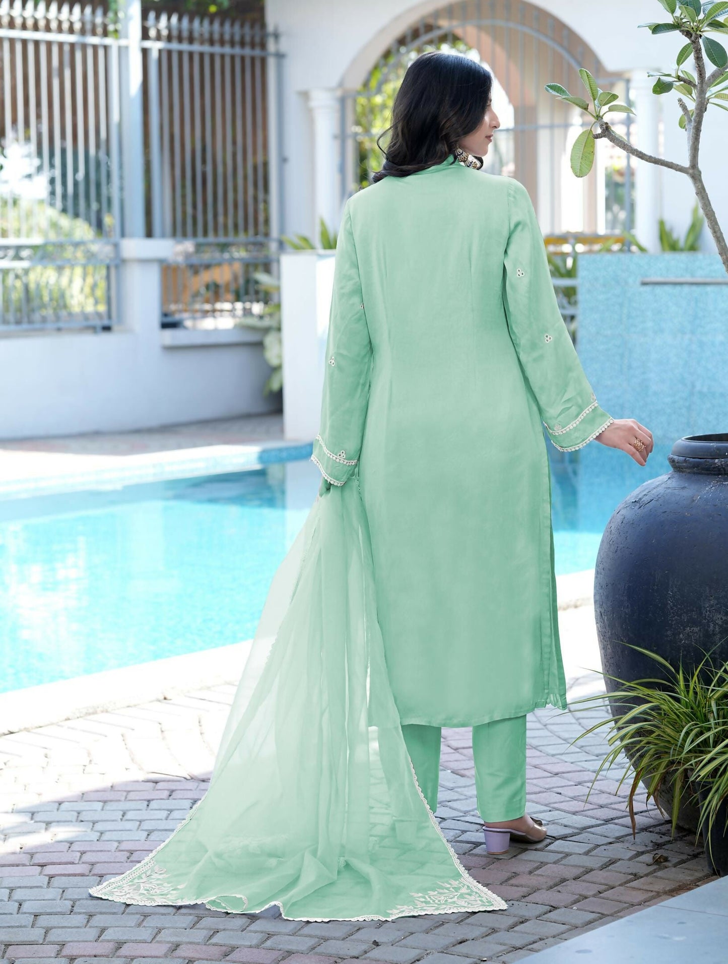 Nikhaar Light Green Embroidered Modal Silk Stitched Straight Cut Kurta Pants Dupatta Readymade Suit