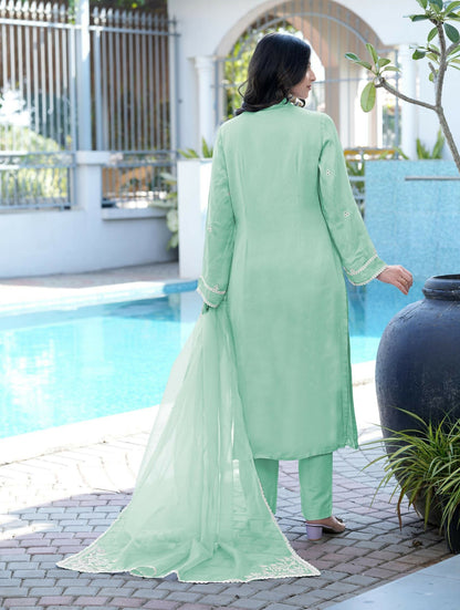 Nikhaar Light Green Embroidered Modal Silk Stitched Straight Cut Kurta Pants Dupatta Readymade Suit