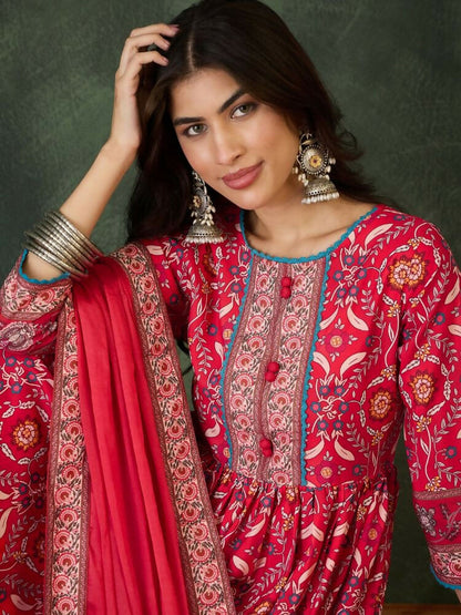 The52 Women's Beautiful Printed Work Rayon Fabric Flared Kurta Pant and Dupatta Set