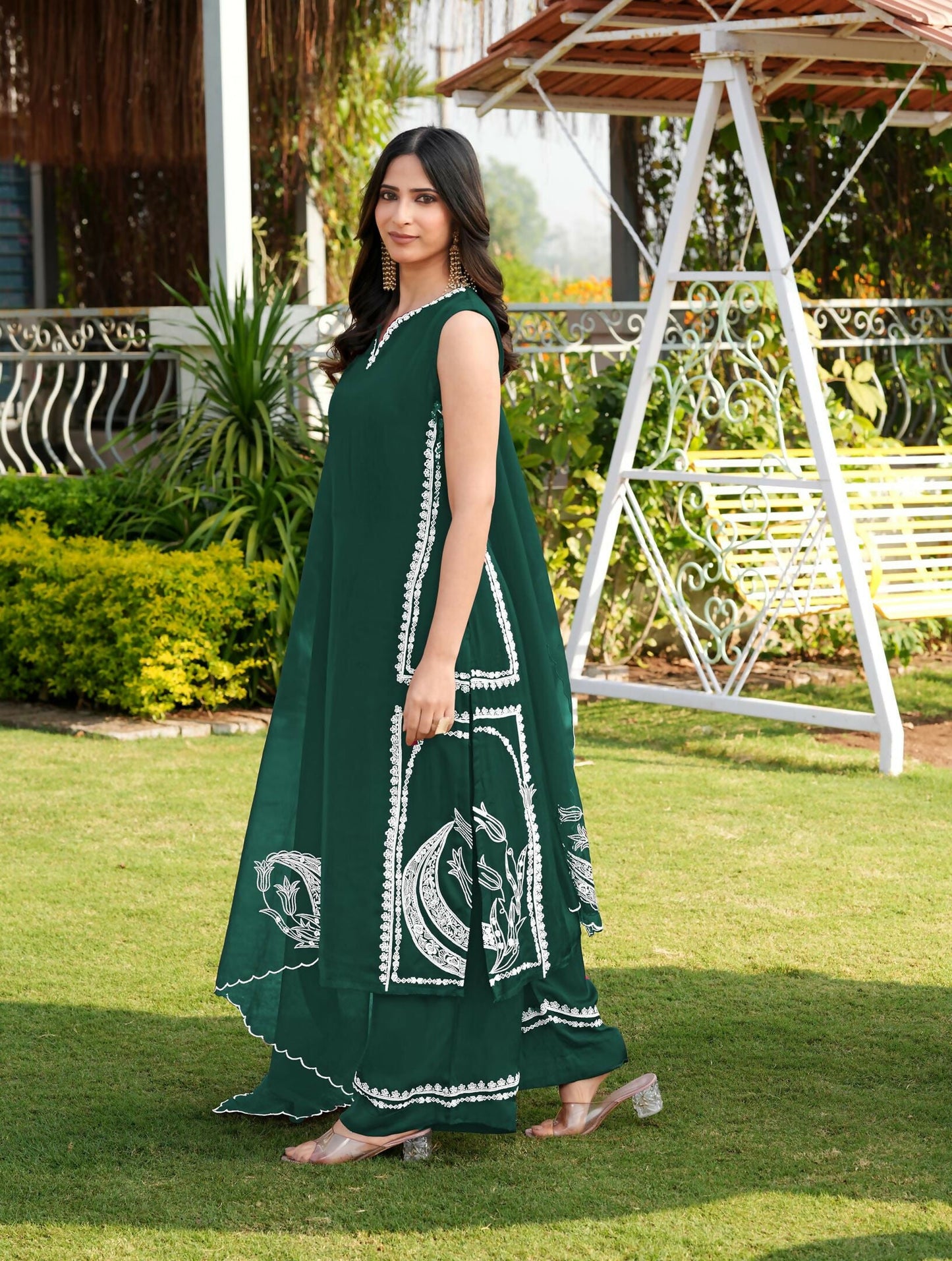Nikhaar Dark Green Embroidered Modal Silk Stitched Straight Cut Kurta Culottes Dupatta Readymade Suit