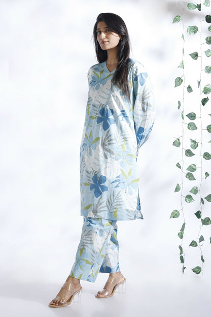 Breathables Blue Floral Print Cotton Long Kurta Co-Ord Set Cotton