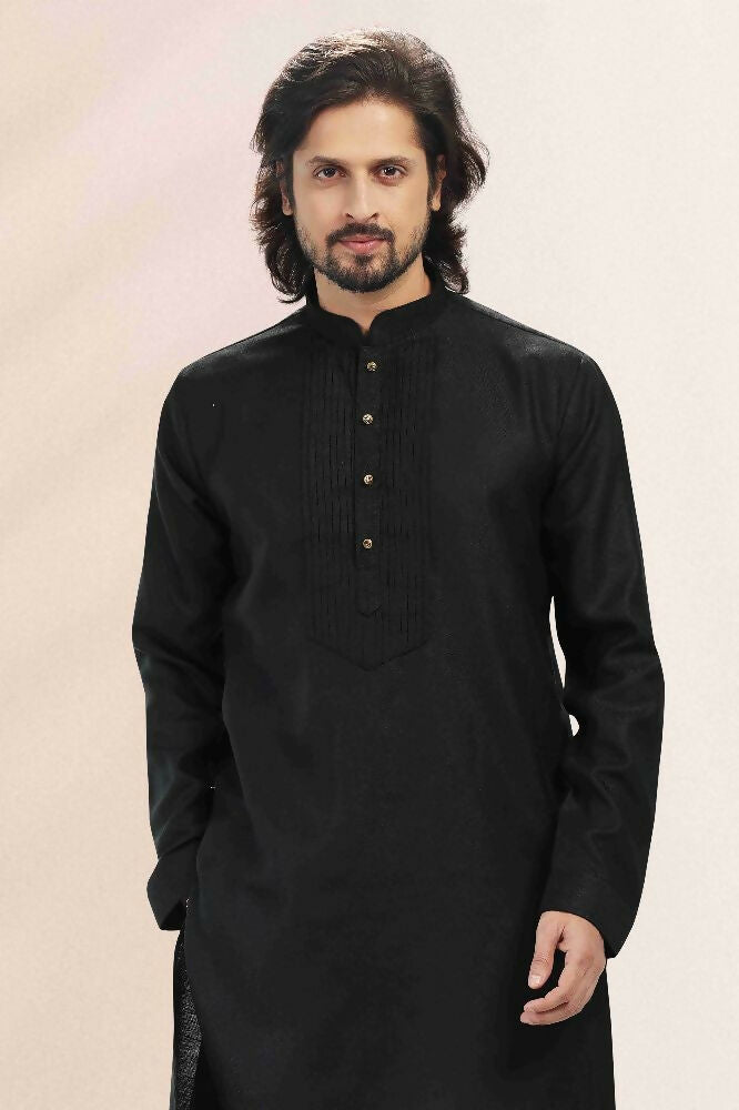 Raivat Ethnic Linen Cotton Pintux Work Kurta Pajama In Black Colour