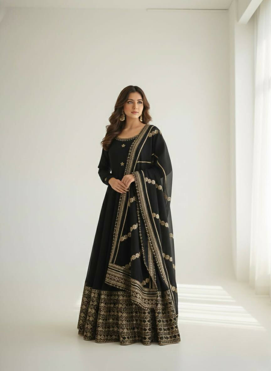 Teeya Creation Womens New Fancy Silk Heavy Quality Fabric With Handwork Black Gown Set