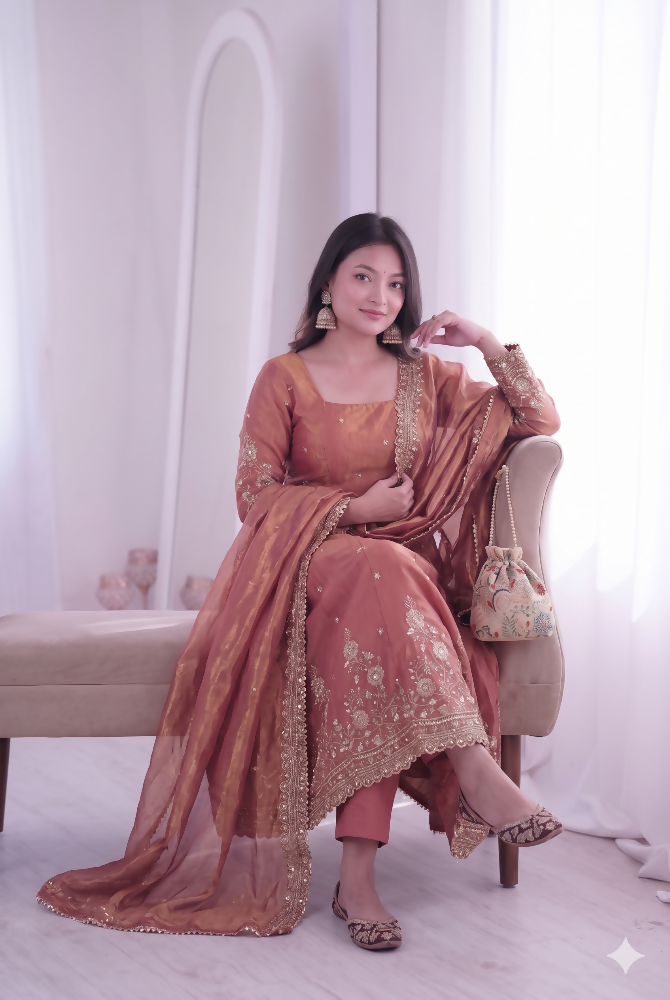 Teeya Creation Womens New Latest Trendy Elegant Peach Embroidered Anarkali Suit Set with Scalloped Dupatta