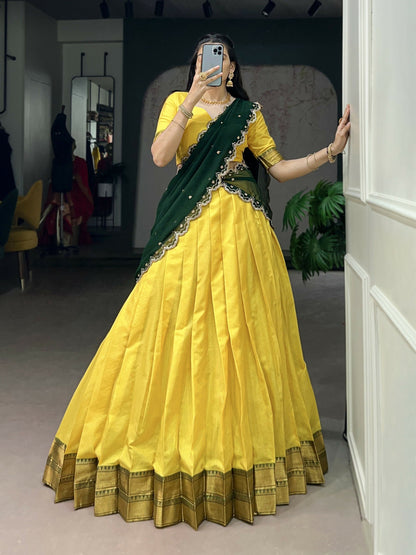 Lorenvalley Fashion Yellow Cotton Silk Zari Weaving Work Lehenga Choli with Dupatta