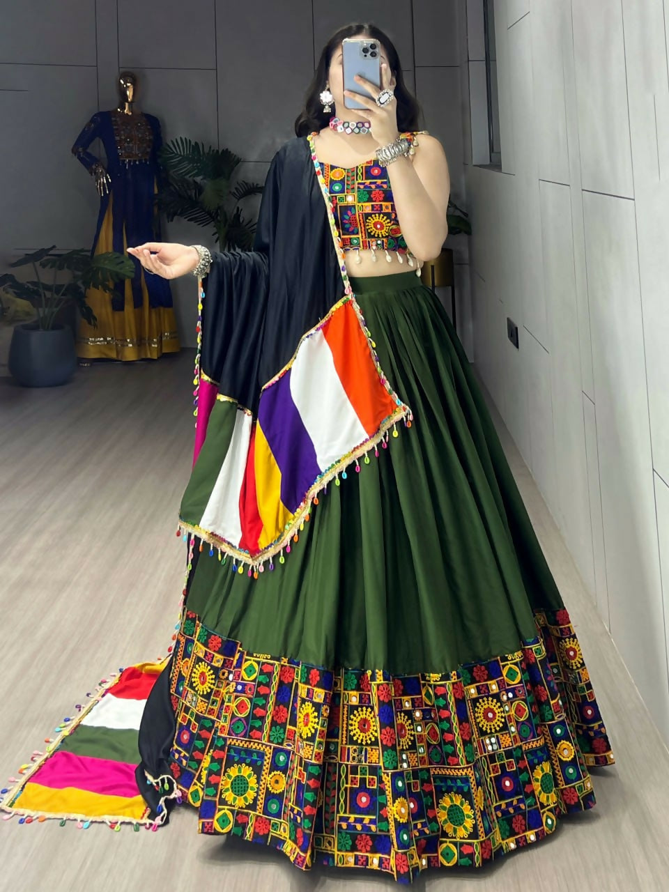 Yash Enterprise Mehndi Rayon Cotton Embroidery Semi Stitched Navratri Chaniya Choli