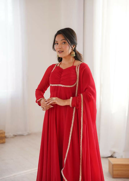 The52 Women's Gorgeous Solid Fox Blooming Georgette Fabric Flared Anarkali and Dupatta Set-Red