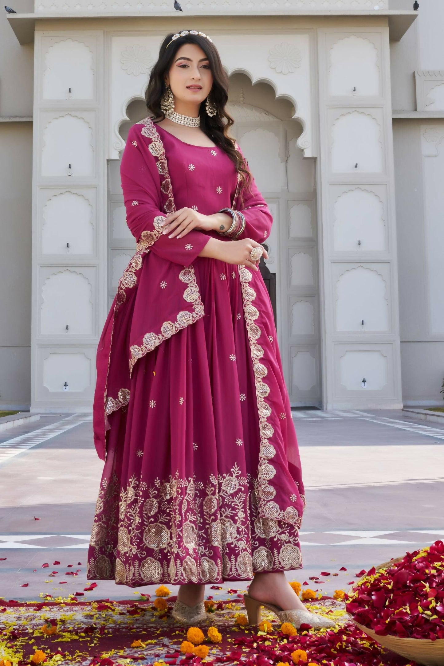 Teeya Creation Womens Wedding Wear Heavy Sequence Embroidery Work Pink Gown Set