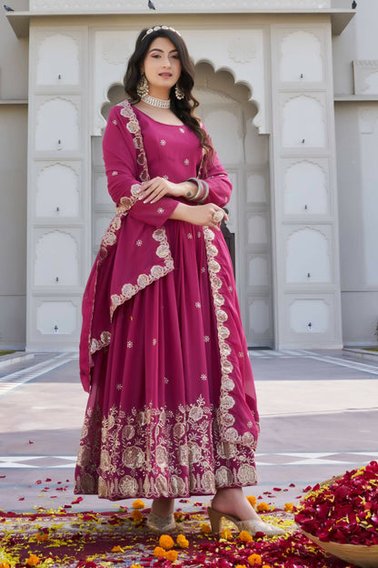 Teeya Creation Womens Wedding Wear Heavy Sequence Embroidery Work Pink Gown Set