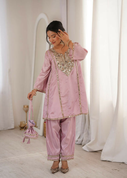 Teeya Creation Womens New Wedding Wear Pink Color With Mirror & Lace Work Kurta Pant Set