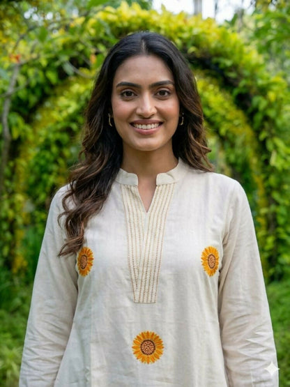 Teeya Creation New Latest Women Off-White & Yellow Embroidered Cotton A-Line Kurta with Trousers