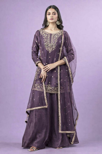 Teeya Creation New Trendy Womens Wedding Wear Kurta Palazzo Set - Lavender