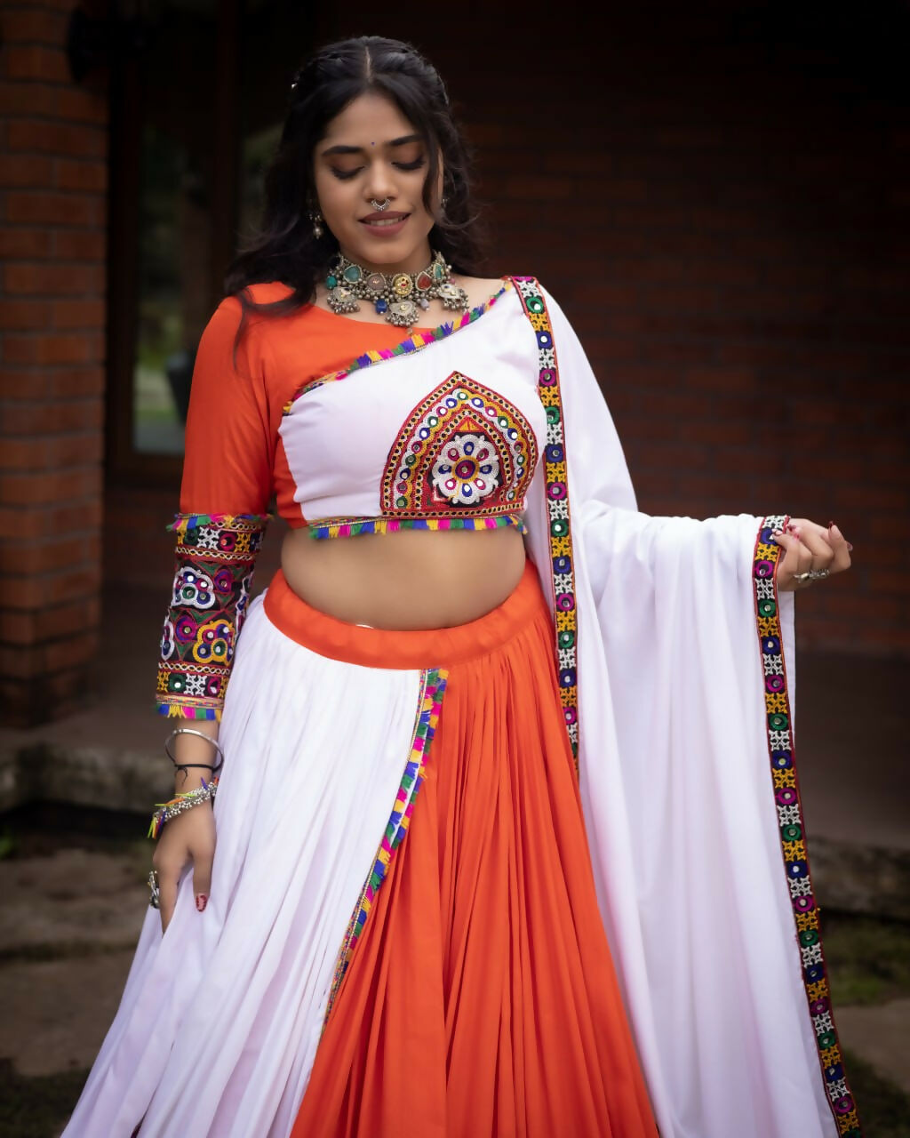 Yash Enterprise Orange White Rayon Cotton Embroidery Semi Stitched Navratri Top Chaniya Choli