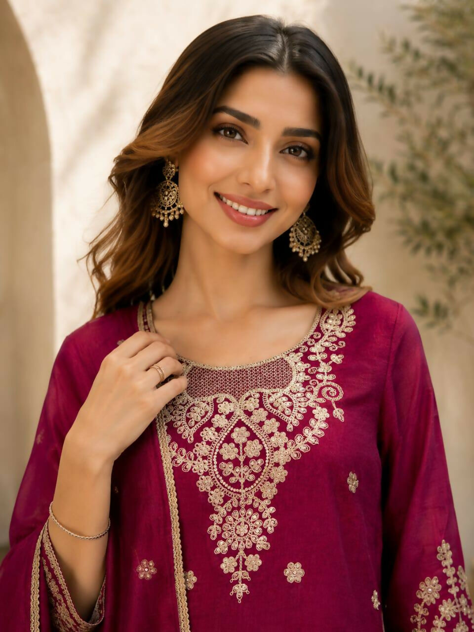 Teeya Creation Wine Embroidered Silk Palazzo Suit With Dupatta