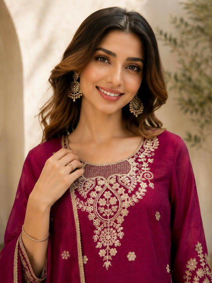 Teeya Creation Wine Embroidered Silk Palazzo Suit With Dupatta