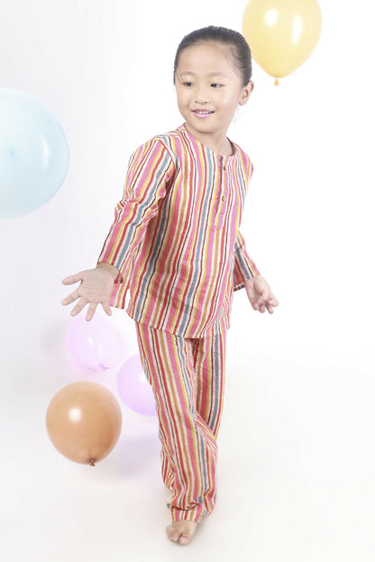 Breathables Kids Cotton Stripes Print Kurta Pyjama Night Suit - Multicolor