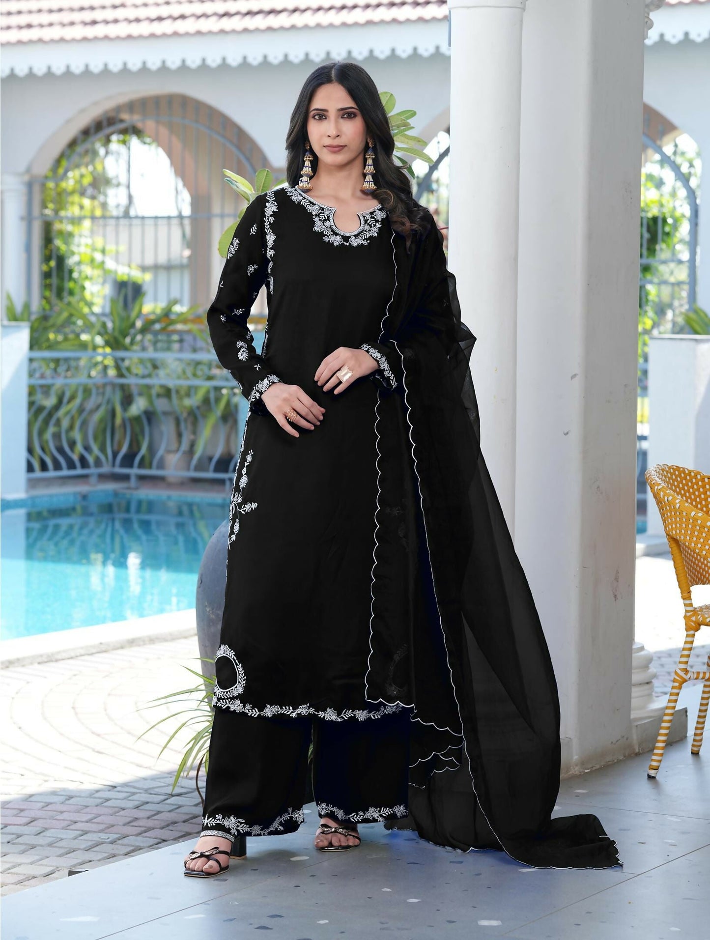 Nikhaar Black Embroidered Modal Silk Stitched Straight Cut Kurta Culottes Dupatta Readymade Suit