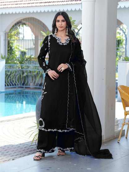 Nikhaar Black Embroidered Modal Silk Stitched Straight Cut Kurta Culottes Dupatta Readymade Suit