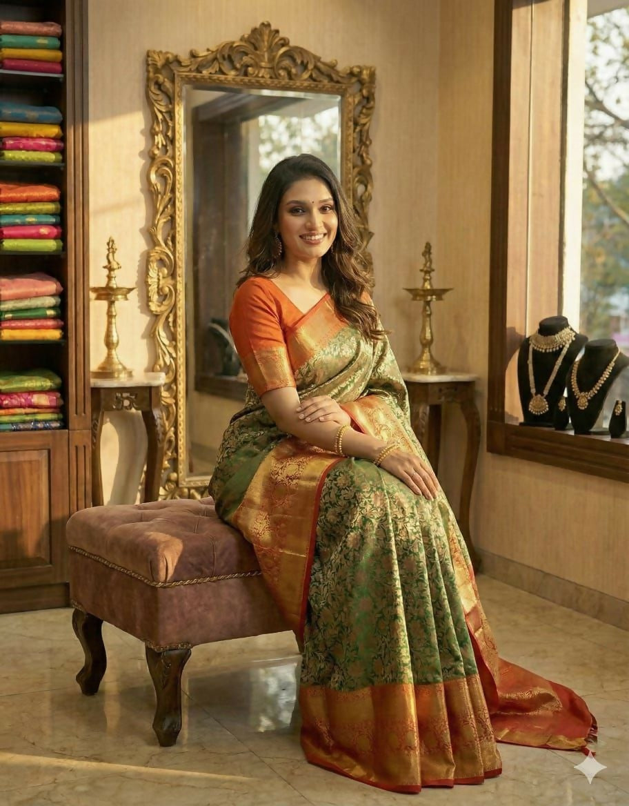Prime Volt Royal Kanjivaram Silk Saree in Green with Floral Zari Weaving & Red-Gold Pallu-Golden Orange With Red Edges