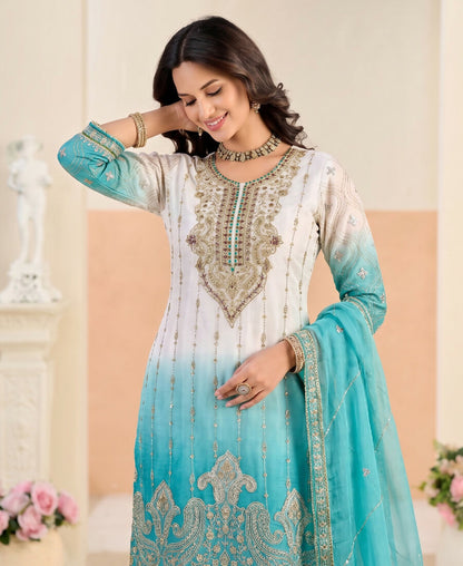 KC Designer Sky Blue Ombre Straight Suit For Women With Hand Embroidery
