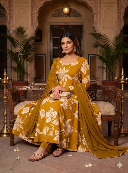 Teeya Creation Mustard Yellow Floral Printed Anarkali Kurta With Pant And Dupatta