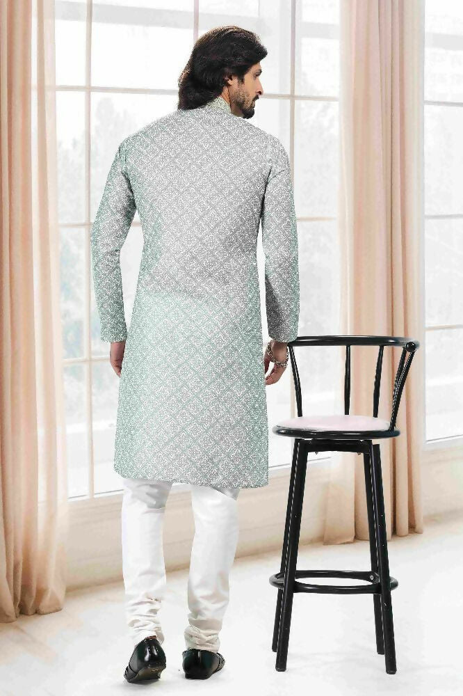 Raivat Ethnic Cotton Thread Work Kurta Pajama In Light Green Colour