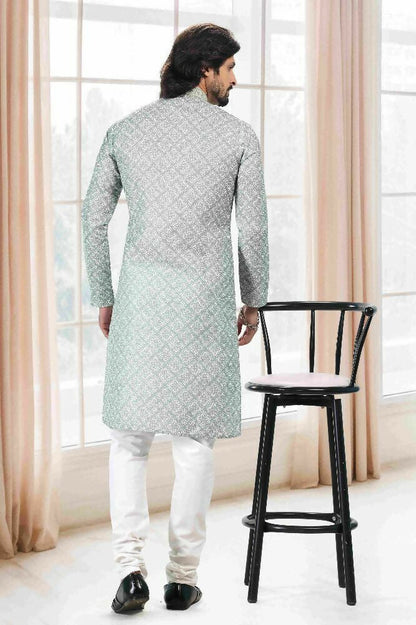 Raivat Ethnic Cotton Thread Work Kurta Pajama In Light Green Colour