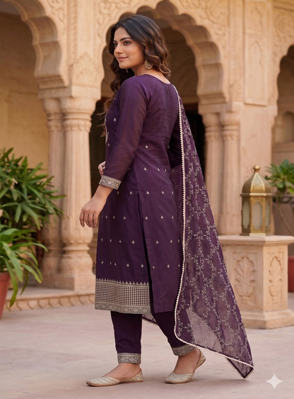 Teeya Creation Deep Wine Embroidered Straight Kurta With Pant And Dupatta