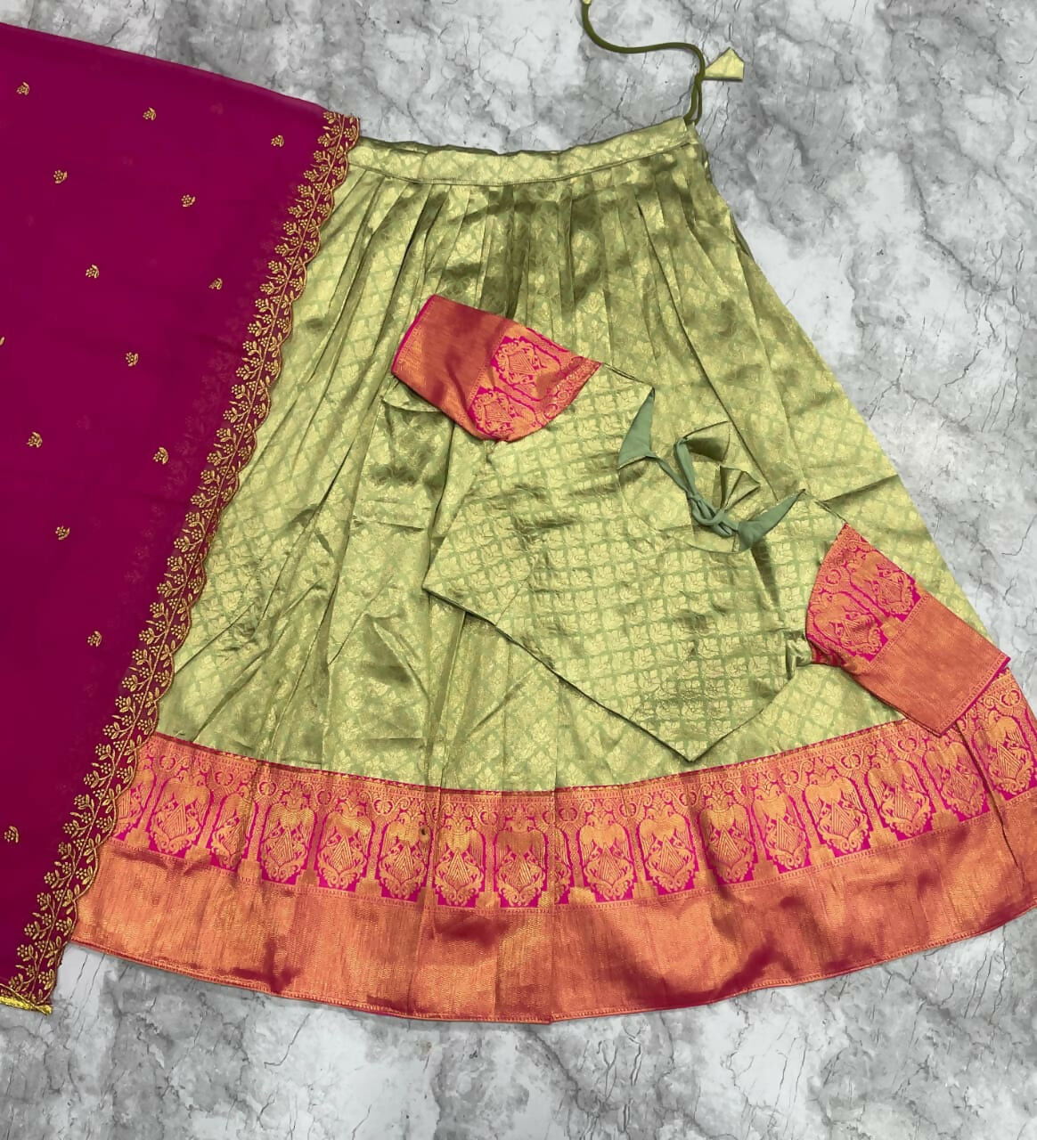 Teeya Creation Pista Green Jacquard Silk Traditional Lehenga Choli with Deep Magenta Dupatta