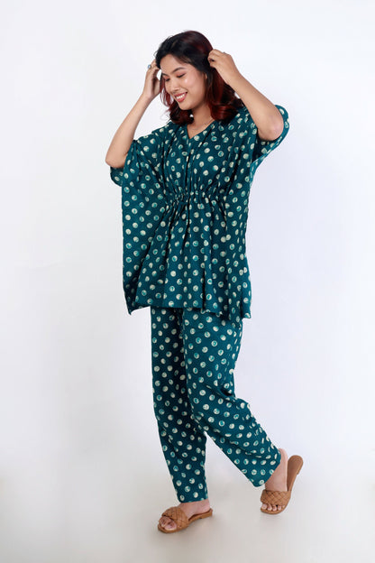 Breathables Green Polka Cotton Kaftan Co-Ord Set