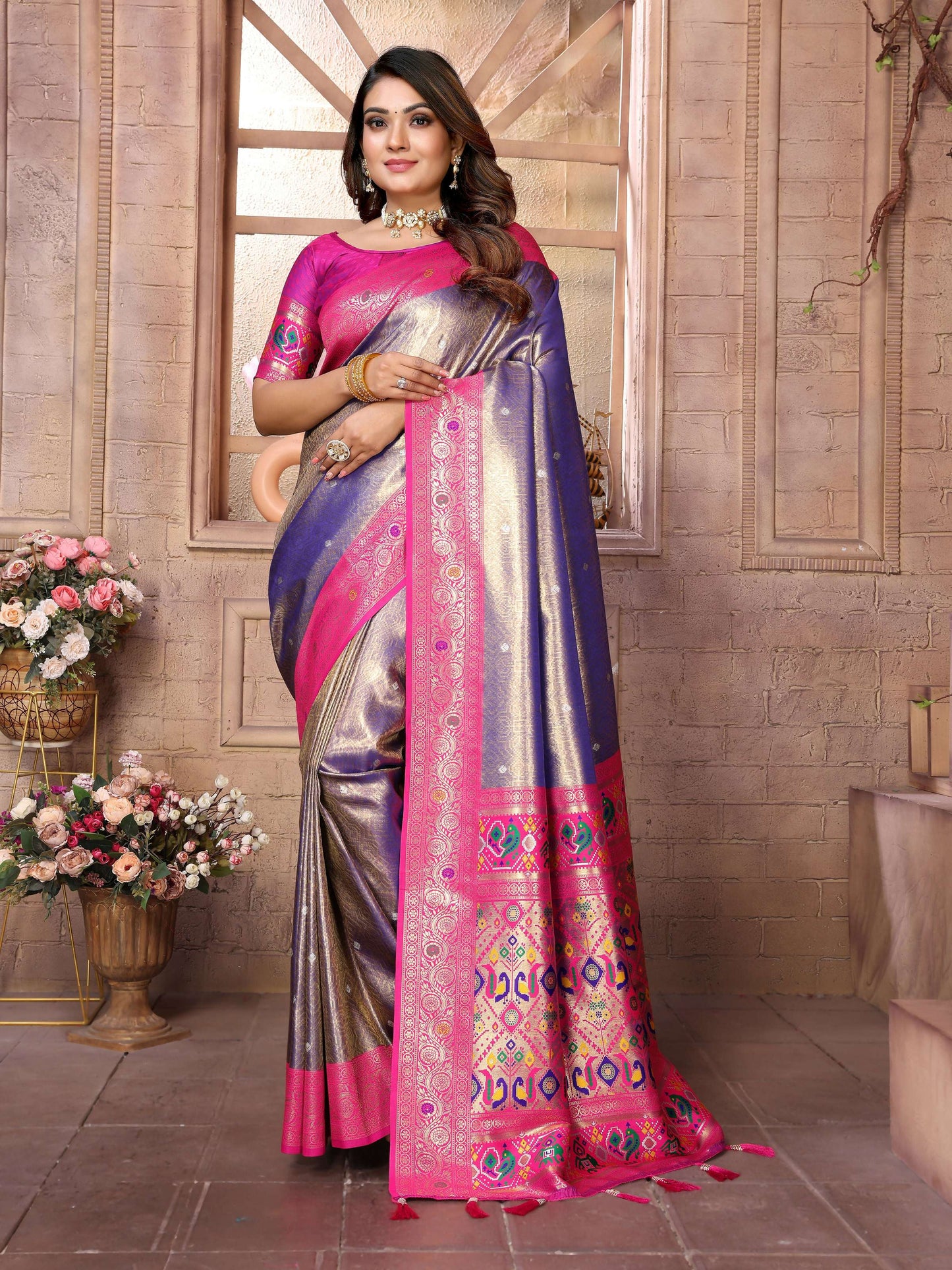 Aastha Fashion Purple Banarasi Tissue Silk Weaving Saree