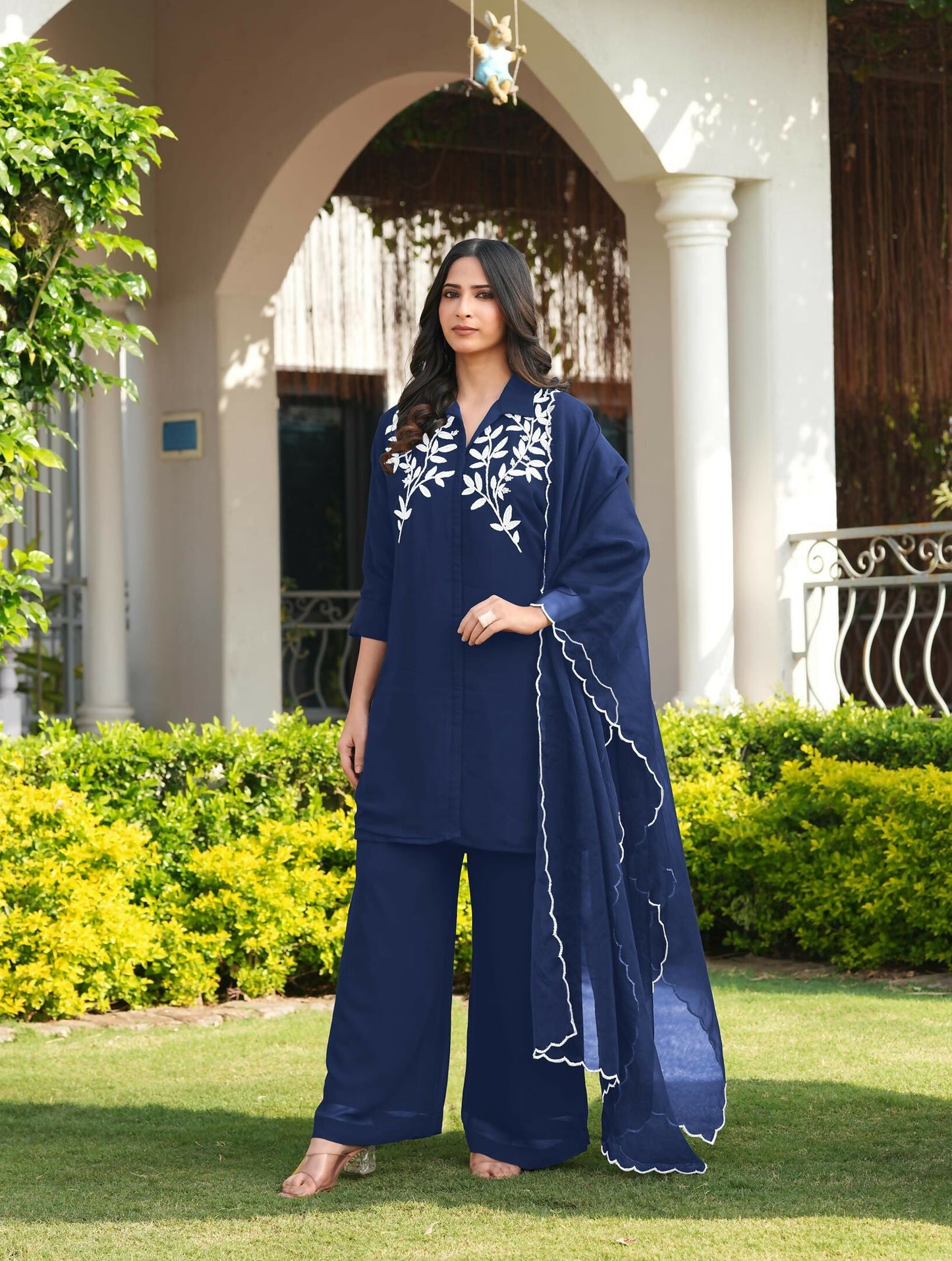 Nikhaar Navy Blue Embroidered Viscose Georgette Stitched Straight Cut Kurta Culottes Dupatta Readymade Suit
