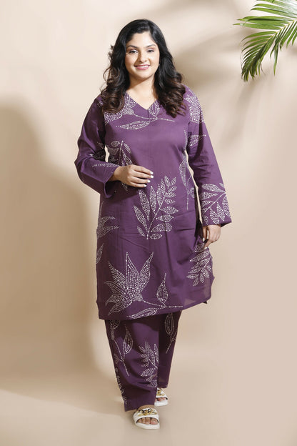 Breathables WomenS Purple Cotton Abstract Print Loungewear Co-Ord Set  Long Kurta & Pants