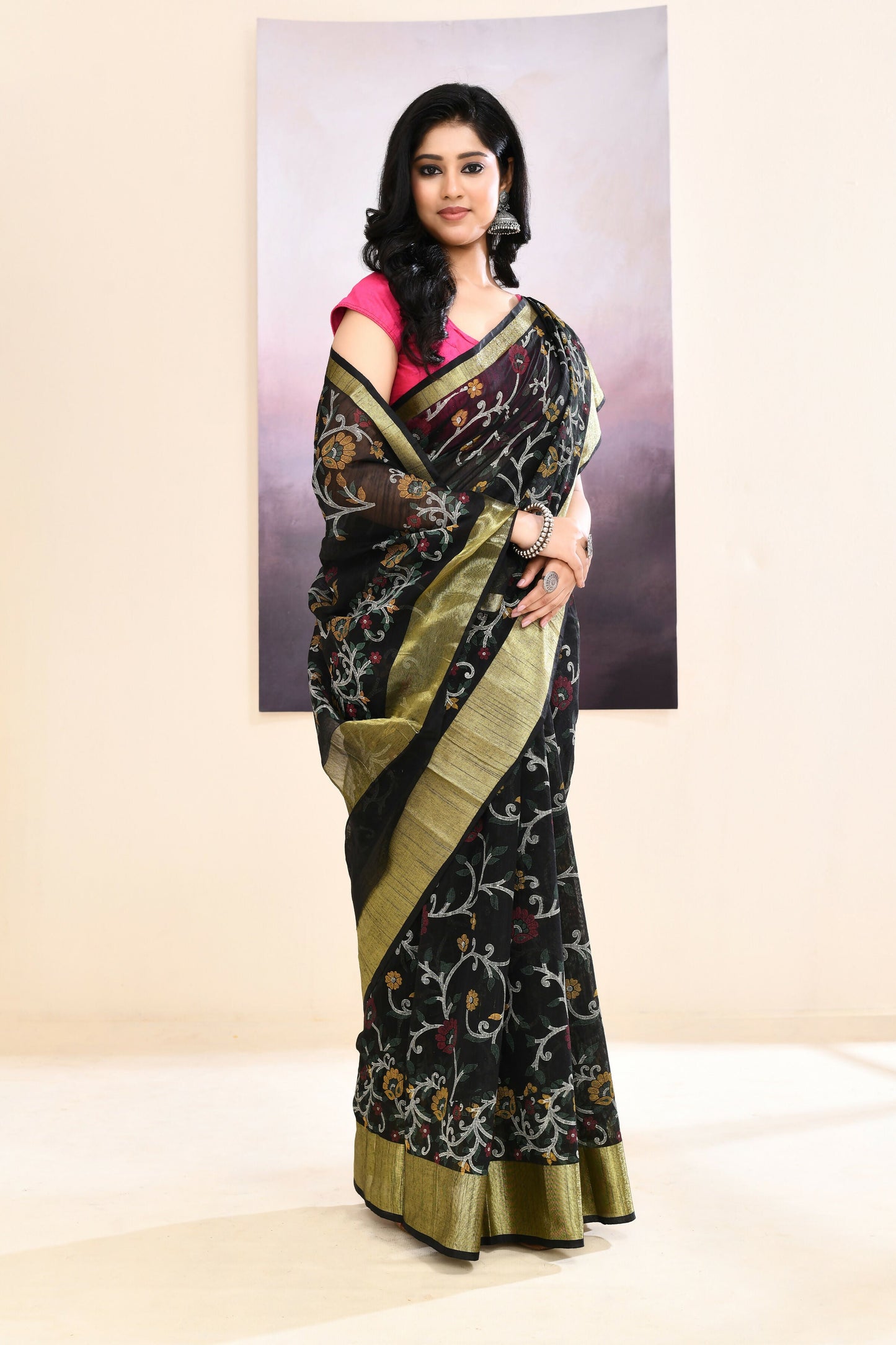 Piyari Fashion Women's Black Embellished Cotton Blend Printed Saree