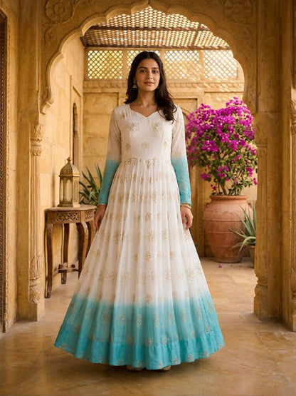 Teeya Creation Sky Blue and White Gradient Anarkali Gown with Gold Floral Motifs
