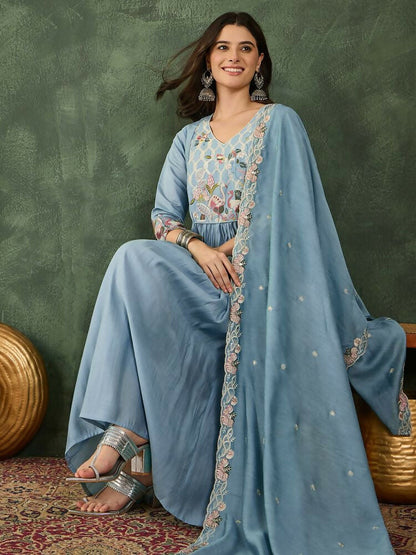 The52 Women's Beautiful Embroidery Work Silk Fabric Flared Kurta Pant and Dupatta Set