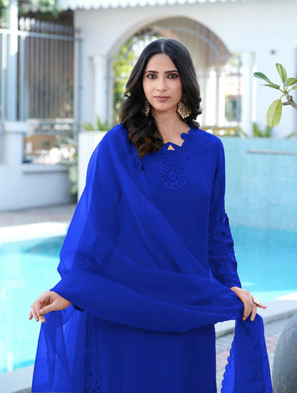 Nikhaar Royal Blue Embroidered Art Silk Stitched Straight Cut Kurta Pants Dupatta Readymade Suit