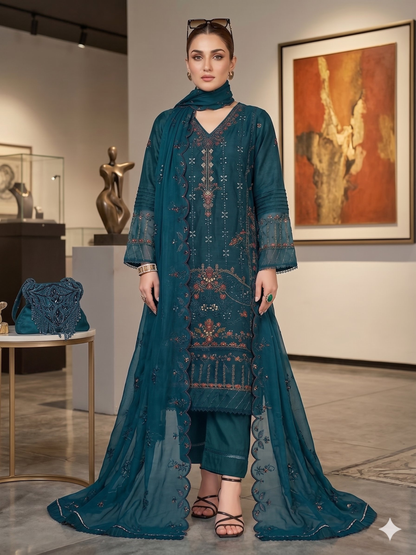 Teeya Creation Womens New Net With Heavy Embroiedery With Sequence Work Teal Kurta Set