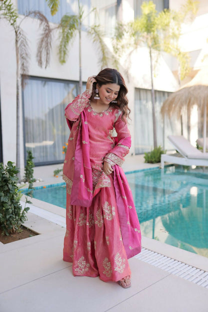 Teeya Creation Womens New Pink Color Fendi Crush With Zari & Sequins Embroidered Work
