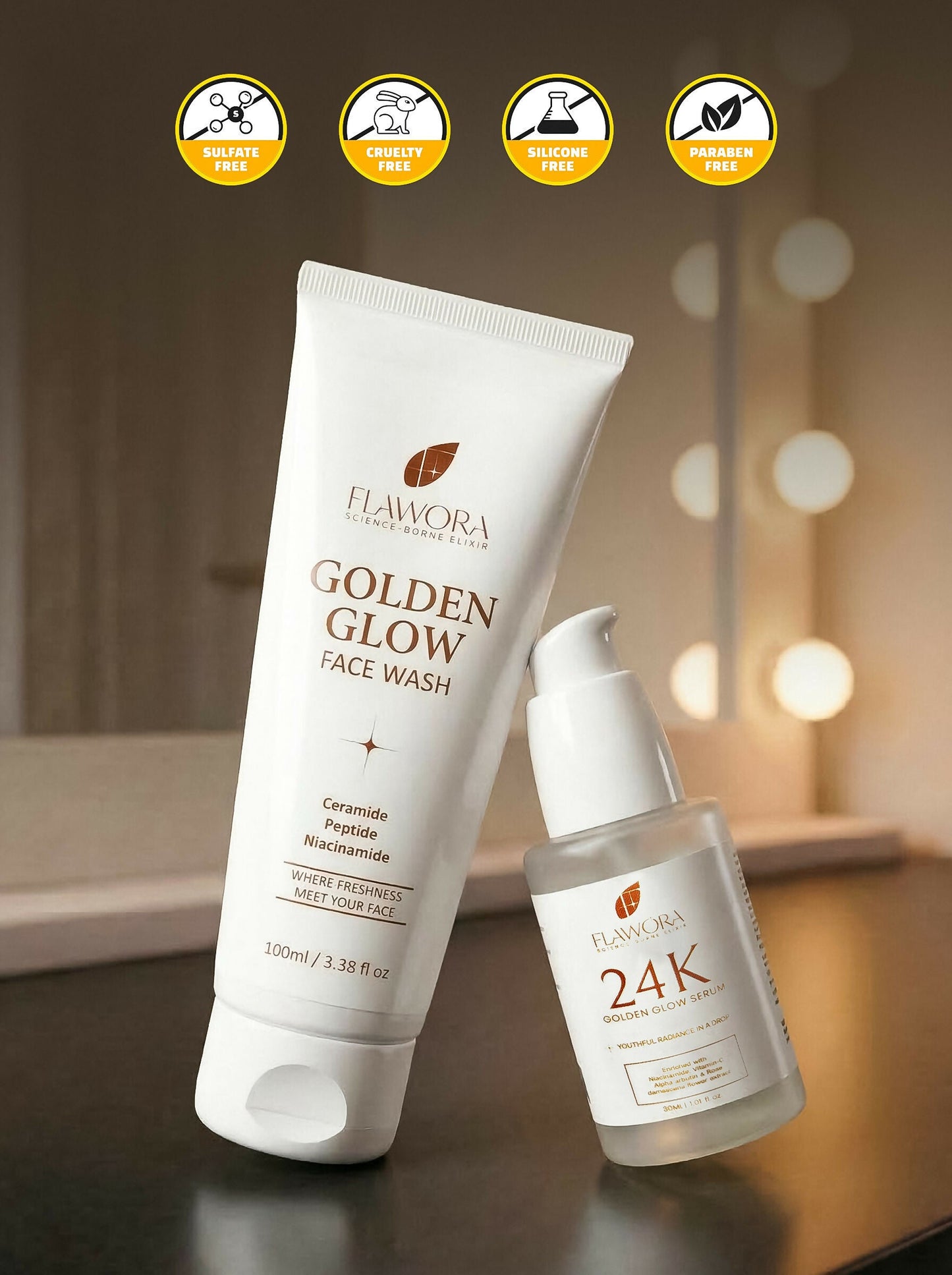 Flawora Set of Golden Glow Face Wash and 24k Golden Glow Face Serum