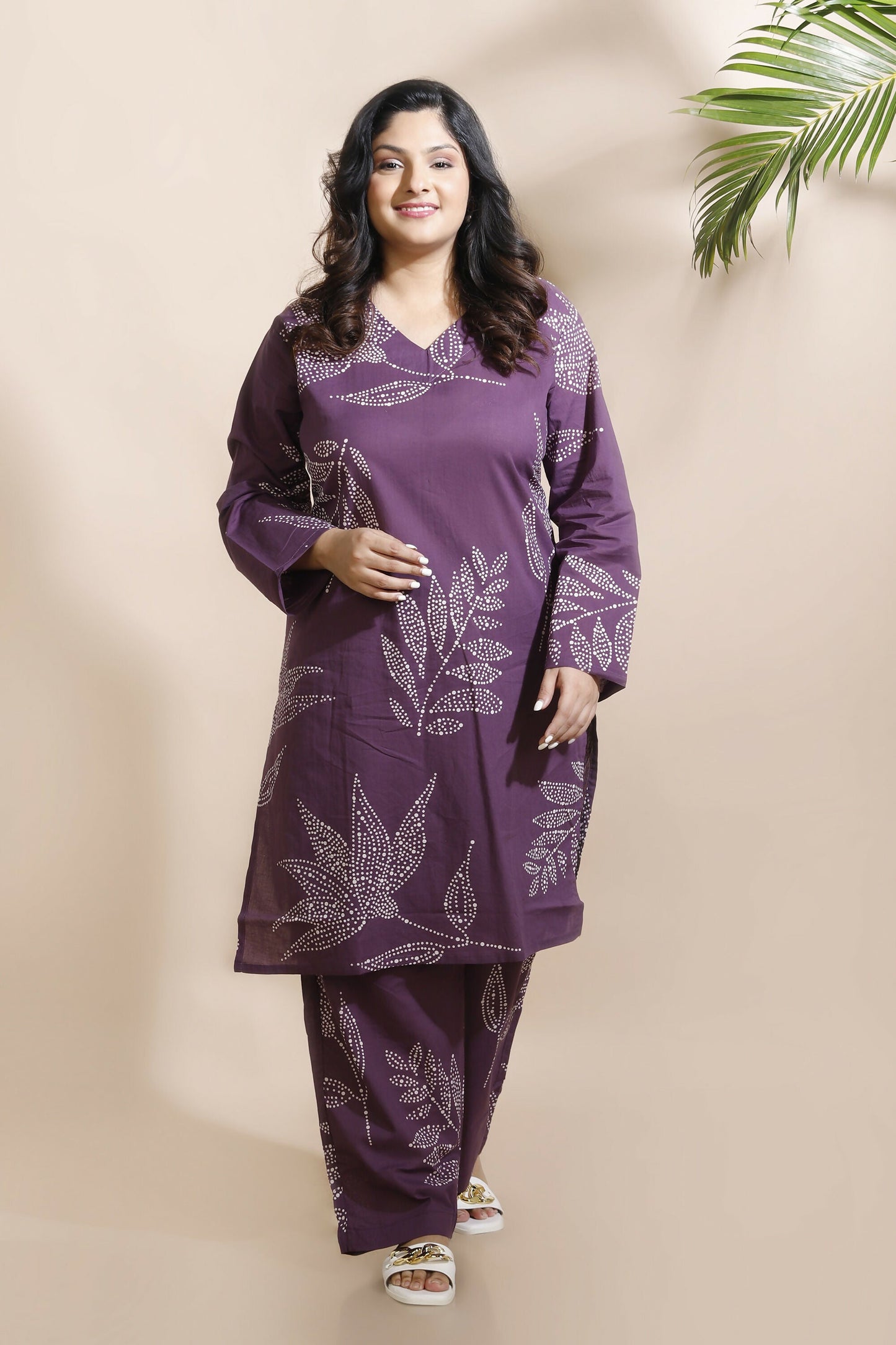 Breathables WomenS Purple Cotton Abstract Print Loungewear Co-Ord Set  Long Kurta & Pants
