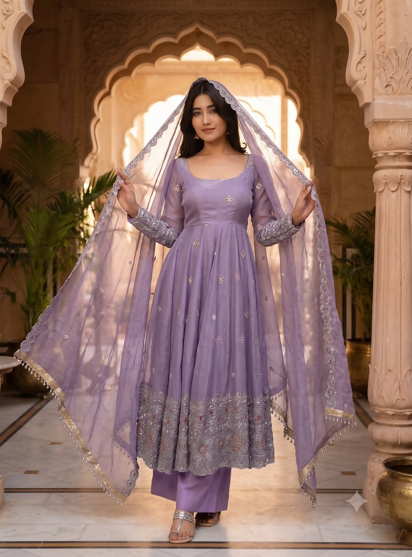 Teeya Creation Designer Lavender Ethnic Suit Set With Heavy Embroidery And Dupatta