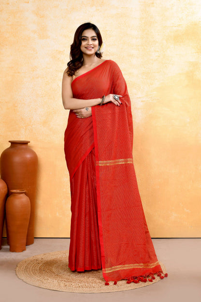 Piyari Fashion Women's Red Embellished Cotton Blend Zari Check Handloom Saree
