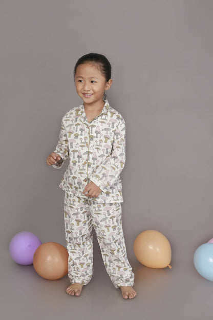 Breathables Kids Cotton White Mushroom Print Shirt & Pyjama Boys & Girls Night Suit