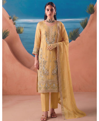 KC Heavy Chiffon Silk Yellow Hand Embroidered Straight Suit For Women Wedding
